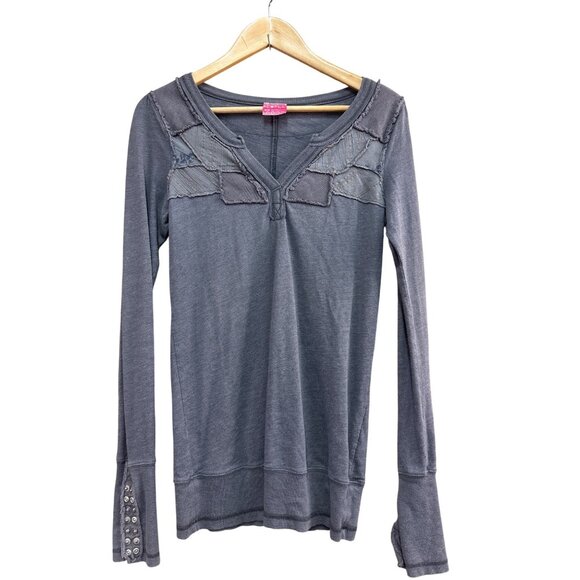 Free People Womens Medium Gray Long Sleeve V-Neck Top With Snap Button Cuffs - Picture 1 of 8